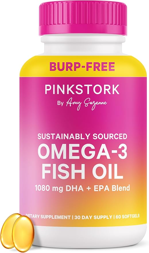 Pink Stork Omega 3 Fish Oil Supplements for Women with DHA and EPA - High Potency Burpless Omega-3 Supplement for Cognitive Health - 60 Softgels