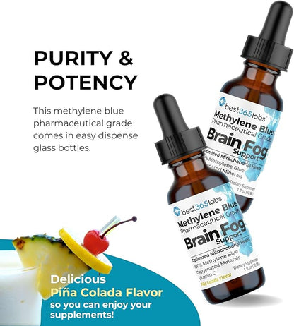 Methylene Blue Pharmaceutical Grade, USP Grade, Third-Party Tested with Vitamin C - Memory Booster - Improves Cognitive Function and Focus - Clear Thoughts and Reduced Fog - Liquid Supplement