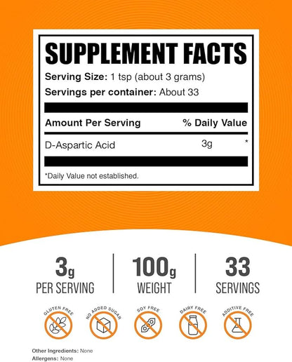 BulkSupplements.com D-Aspartic Acid Powder - D-Aspartic Acid Supplement for Men, Unflavored Amino Acid - Pure & Gluten Free, 3g per Serving, 100g (3.5 oz) (Pack of 1)