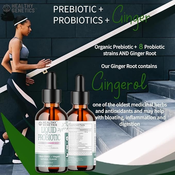 Liquid Probiotics for Women Men & Kids | Prebiotic +Ginger + Probiotics for Digestive Health | Acidophilus Probiotic | Dairy Free | Vegan | Non-GMO | Gluten Free | 30 Servings