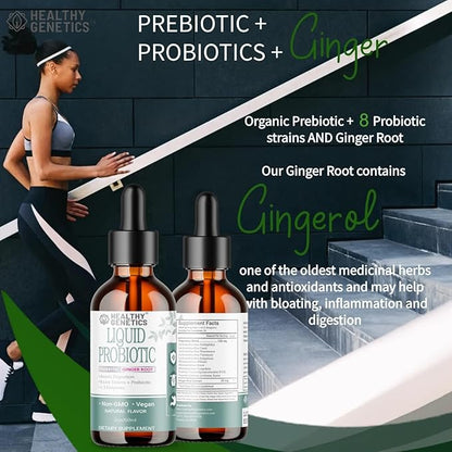 Liquid Probiotics for Women Men & Kids | Prebiotic +Ginger + Probiotics for Digestive Health | Acidophilus Probiotic | Dairy Free | Vegan | Non-GMO | Gluten Free | 30 Servings