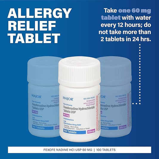 MAJOR Fexofenadine Hydrochloride Tablets USP, 60 mg - Non-Drowsy Allergy Medicine - Antihistamine - 12 Hour Indoor/Outdoor Allergy Relief - 100 Tablets
