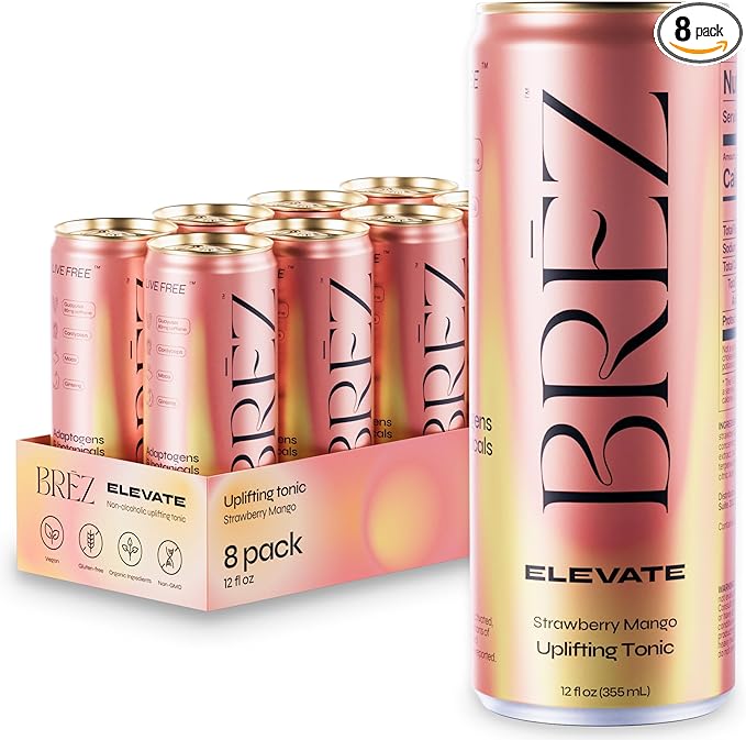 BRĒZ ELEVATE Cordyceps Mushroom Drink, Non-Infused Uplifting Tonic with Cordyceps, Guayusa, Maca & Ginseng, Vegan Adaptogen Drink for Focus, Drive & Mental Clarity, Strawberry Mango, 12 fl oz, 8 Pack