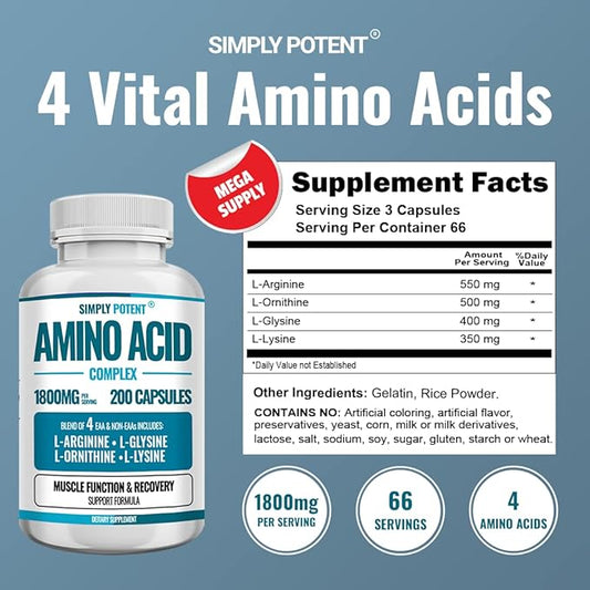 Simply Potent Amino Acid Complex 1800mg 200 Capsules, Blend of 4 Essential and Non Essential Amino Acids, Includes L-Arginine 550mg, L-Ornithine 500mg, L-Glysine 400mg & L-Lysine 350mg for Muscle