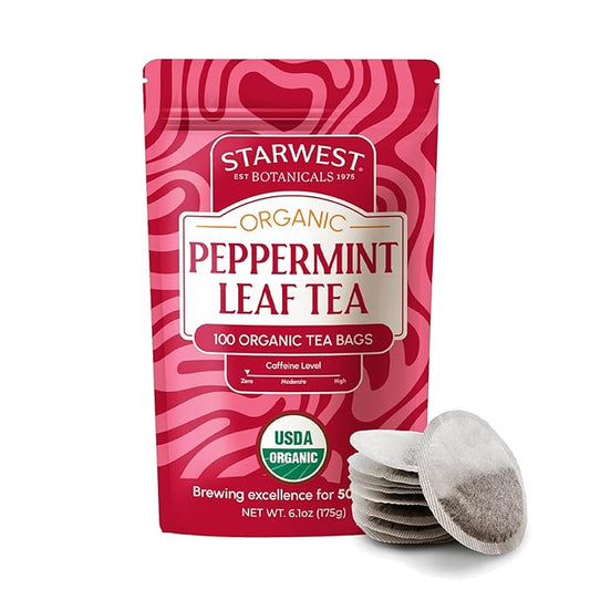 Starwest Botanicals Organic Peppermint Leaf Tea - Caffeine Free Herbal Tea, Supports Digestion, USDA Organic Peppermint Leaf, String Free Sachets, Non GMO - Bulk Pack, 100 Tea Bags