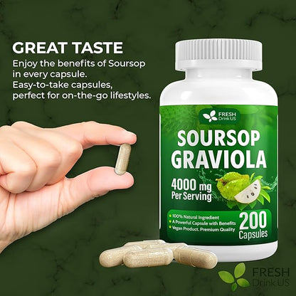 FRESHDRINKUS, Premium 200 Soursop Capsules, 4000mg per Serving, 100 Days Supply – 100% from Natural Soursop Graviola Fruits and Leaves Extract, Vegan Capsules, Non-GMO, Gluten-Free.