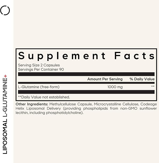 Codeage Liposomal L-Glutamine Capsule Supplement - 1,000 mg L-Glutamine per Serving - 3-Month Supply - Liposomal Delivery, Vegan Pills, Non-GMO, Gluten-Free Amino Acid - 180 Capsules