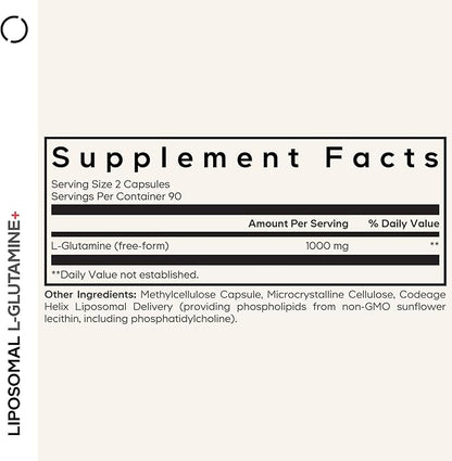 Codeage Liposomal L-Glutamine Capsule Supplement - 1,000 mg L-Glutamine per Serving - 3-Month Supply - Liposomal Delivery, Vegan Pills, Non-GMO, Gluten-Free Amino Acid - 180 Capsules