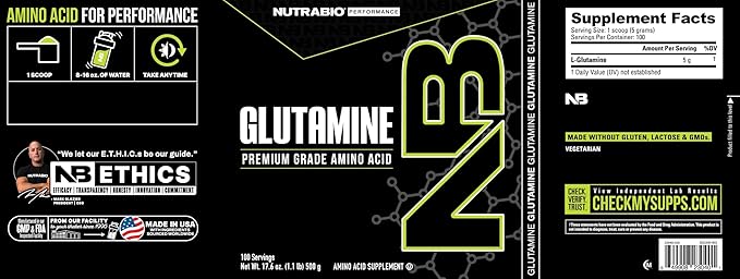 NutraBio Pure L-Glutamine Powder, 100 Servings L-Glutamine Supplement, Amino Acid, Pure Grade, Glutamina, Absolutely no Additives, Fillers or Excipients, Muscle Recovery Supplement - (500 Grams)