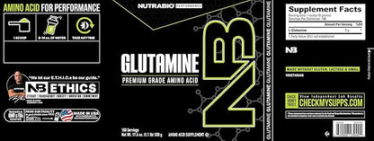 NutraBio Pure L-Glutamine Powder, 100 Servings L-Glutamine Supplement, Amino Acid, Pure Grade, Glutamina, Absolutely no Additives, Fillers or Excipients, Muscle Recovery Supplement - (500 Grams)
