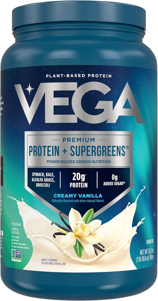 Vega Protein + Supergreens - 20g Plant-Based Protein, Vanilla, 25 Servings, Real Greens & Veggies, Vegan Keto, 0g Added Sugar, Non-GMO, Gluten Free, Dairy Free, 1.68 lbs (Packaging May Vary)