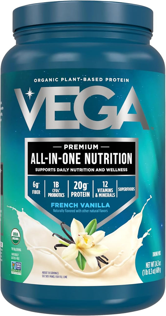 Vega Organic All-in-One Vegan Protein Powder, French Vanilla -Superfood Ingredients, Vitamins for Immunity Support, Keto Friendly, Pea Protein for Women & Men, 1.5 lbs (Pack of 1)