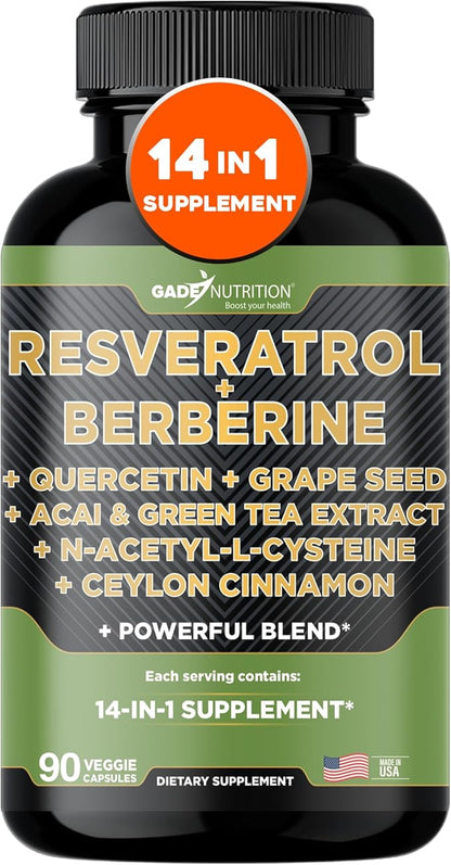 Gade Nutrition Resveratrol Berberine Quercetin Grape Seed Extract Green Tea Extract N-Acetyl Cysteine - 14 in 1 Complex Supplement for Women & Men with Potent Antioxidants - Made in USA