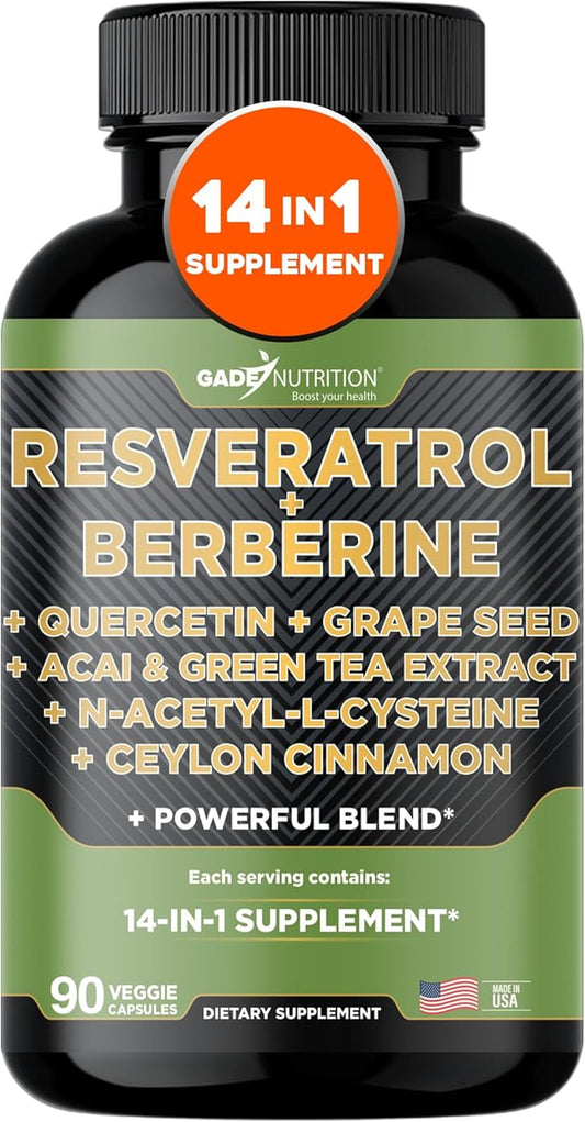 Gade Nutrition Resveratrol Berberine Quercetin Grape Seed Extract Green Tea Extract N-Acetyl Cysteine - 14 in 1 Complex Supplement for Women & Men with Potent Antioxidants - Made in USA