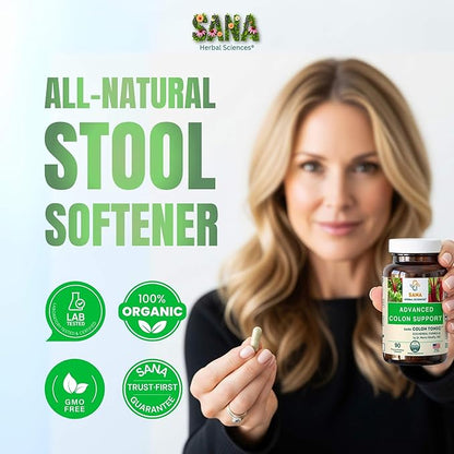 Natural Stool Softener - Safe for Daily Use, Postpartum, Pregnancy | Ultra Gut Daily Colon Cleanse, Constipation Relief for Adult and Senior Women & Men | 60 Herbal Laxative Pills | Sana Herbal