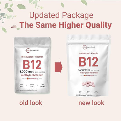Micro Ingredients Vitamin B12 | Methyl B12 Active Form – 365 Chewable Tablets | Fast Dissolve, Natural Strawberry Flavor | Supports Energy & Metabolism Health | Vegan, Non-GMO, Gluten Free