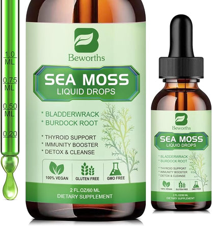 Sea Moss Liquid Drops - Organic Irish Sea Moss Gel with Spirulina, Bladderwrack, Burdock Root, Seamoss Gel Supplement for Joint, Detox Cleanse & Digestion Support - 2 Fl Oz, Vegan