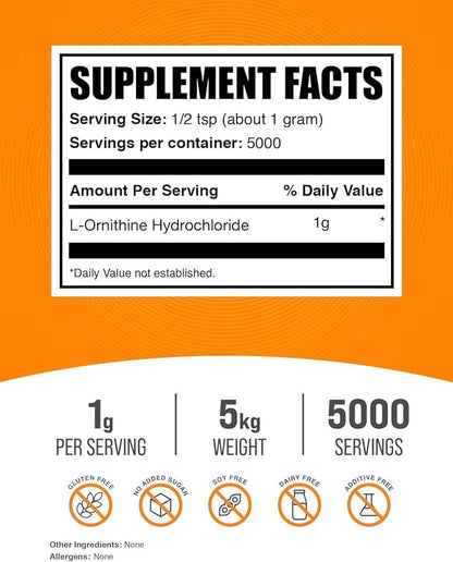 BulkSupplements.com L-Ornithine HCl Powder - Ornithine Supplement, Amino Acids Supplement - Gluten Free, 1g per Serving, 1kg (2.2 Pound) (Pack of 5)