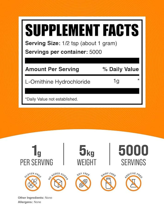 BulkSupplements.com L-Ornithine HCl Powder - Ornithine Supplement, Amino Acids Supplement - Gluten Free, 1g per Serving, 1kg (2.2 Pound) (Pack of 5)