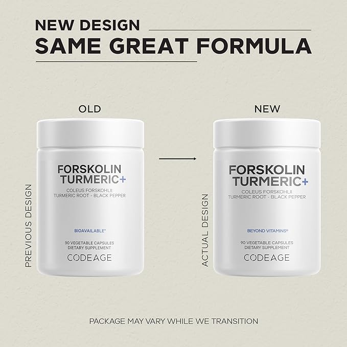 Codeage Forskolin, Pure Forskolin Coleus + Organic Turmeric Root Powder, 95% Curcuminoids + Bioperine Black Pepper - 20% Standardized Coleus Forskohlii Supplement - Non-GMO - 90 Capsules
