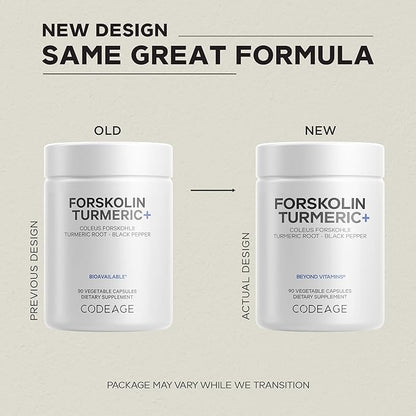 Codeage Forskolin, Pure Forskolin Coleus + Organic Turmeric Root Powder, 95% Curcuminoids + Bioperine Black Pepper - 20% Standardized Coleus Forskohlii Supplement - Non-GMO - 90 Capsules