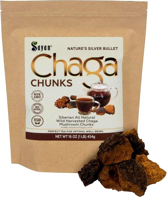 Sayan Siberian Pure Raw Chaga Mushroom Chunks with Black Top Crust 16 Oz / 1 lb – Premium Wild-Harvested Antioxidant Tea for Immune Support, Focus and Digestive Health - Non-GMO