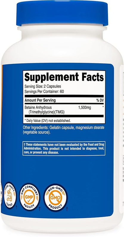 Nutricost Betaine Anhydrous Caps 1500mg, 60 Servings Per Bottle (2 Bottles)