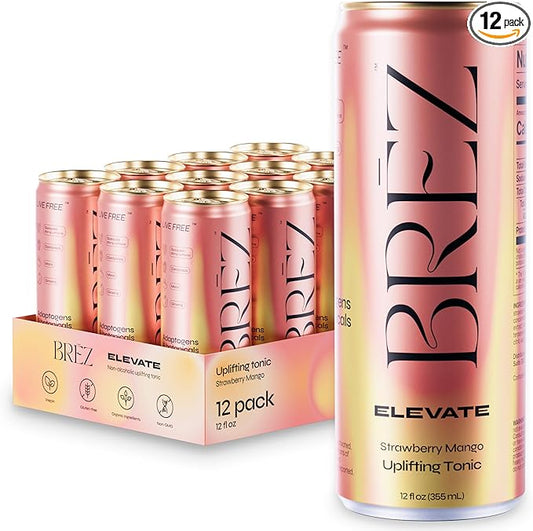 BRĒZ ELEVATE Cordyceps Mushroom Drink, Non-Infused Uplifting Tonic with Cordyceps, Guayusa, Maca & Ginseng, Vegan Adaptogen Drink for Focus, Drive & Mental Clarity, Strawberry Mango, 12 fl oz, 12 Pack