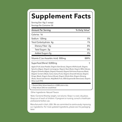 Clean Simple Eats Super Greens Powder, Naturally Flavored Greens Powder with Chlorella, Spirulina, Superfoods & Prebiotic Fiber, No Artificial Ingredients, Gluten Free, Classic Greens Flavor, 30 Srvgs