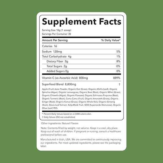Clean Simple Eats Super Greens Powder, Naturally Flavored Greens Powder with Chlorella, Spirulina, Superfoods & Prebiotic Fiber, No Artificial Ingredients, Gluten Free, Classic Greens Flavor, 30 Srvgs