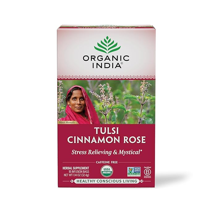 Organic India Tulsi Cinnamon Rose Herbal Tea - Stress Relieving & Mystical, Immune Support, Gluten-Free, USDA Certified Organic, Supports Sugar Metabolism, Caffeine-Free - 18 Infusion Bags, 1 Pack