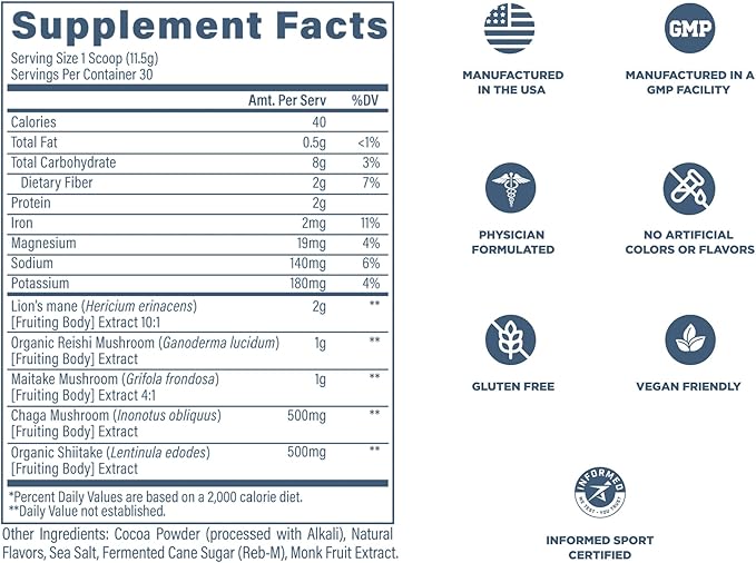 Revive MD Mushroom Powder, Chocolate - Mushroom Supplement Supports Focus, Cognitive, Immune & Brain Health with a Blend of Lion's Mane, Reishi, Chaga, Shiitake & Maitake - Gluten-Free - 30 Servings
