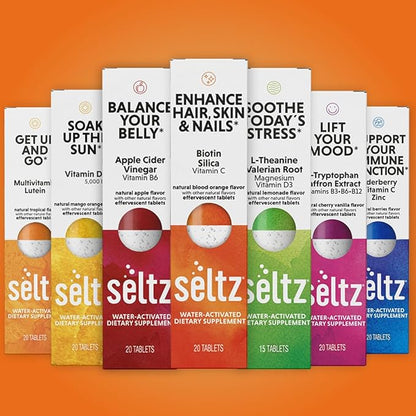 Seltz® Water-Activated Vitamins - Enhance Hair, Skin & Nails with Vitamin C, Silica, and Biotin – Natural Blood Orange Flavor Dietary Supplement - 6 Packs x 20 Effervescent Tablets Each