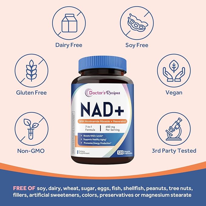 Doctor's Recipes NAD Supplement, Nicotinamide Riboside, Resveratrol, NMN Alternative for Anti-Aging, w/Magnesium Glycinate & L-Tryptophan, 650mg Per Serving, Energy & Mood Boost, 120 Vegan Capsules
