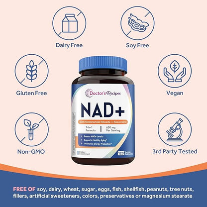 Doctor's Recipes NAD Supplement, Nicotinamide Riboside, Resveratrol, NMN Alternative for Anti-Aging, w/Magnesium Glycinate & L-Tryptophan, 650mg Per Serving, Energy & Mood Boost, 120 Vegan Capsules