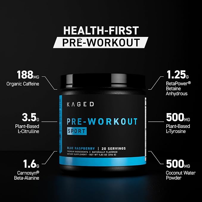 Kaged Sport Pre Workout Powder for Men & Women, Mango Lime, Sport Certified, 188mg Caffeine, Nitric Oxide Supplement, Beta Alanine for Energy, Weightlifting, Cardio Endurance & Strength, 20 Servings