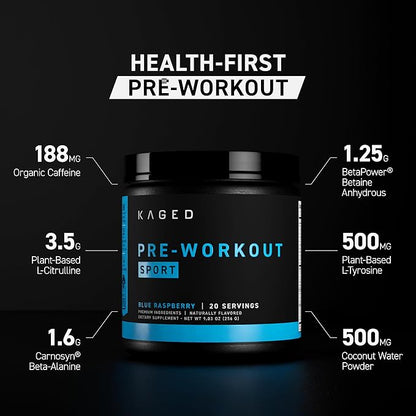 Kaged Sport Pre Workout Powder for Men & Women, Mango Lime, Sport Certified, 188mg Caffeine, Nitric Oxide Supplement, Beta Alanine for Energy, Weightlifting, Cardio Endurance & Strength, 20 Servings