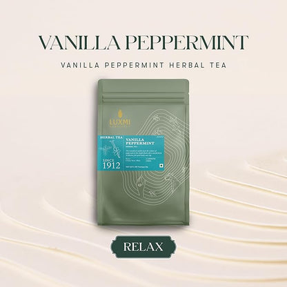 Luxmi Estates Vanilla Peppermint Organic Peppermint Tea (50 Tea Bags) Caffeine Free Tea Bags For Relaxing, Calming, and Stress Relief, With Certified Organic Herbal Tea