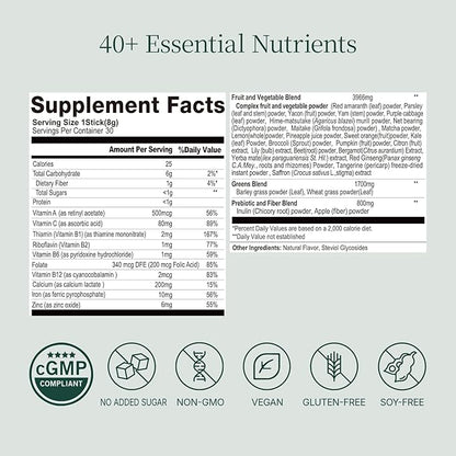 Super Greens Powder Stick Packs with 40+ Superfoods, Red Ginseng & Prebiotics | Gut Health & Energy Booster | 30 Single-Serve Packets