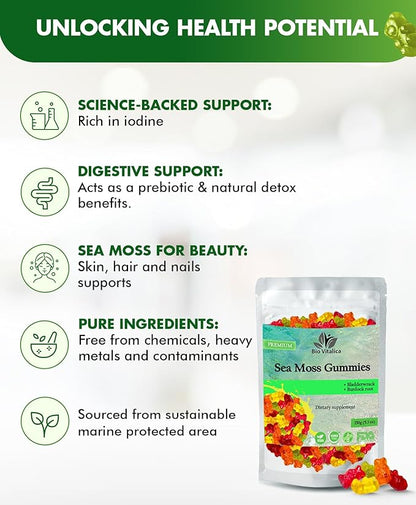Sea Moss Gummies - Irish sea Moss raw Organic, Bladderwrack, Burdock Root. Contains Sea Moss Gel and Powder. Superfoods for Vegan, Keto and Dr Sebi Diet. Immune Boosting (1, Original)