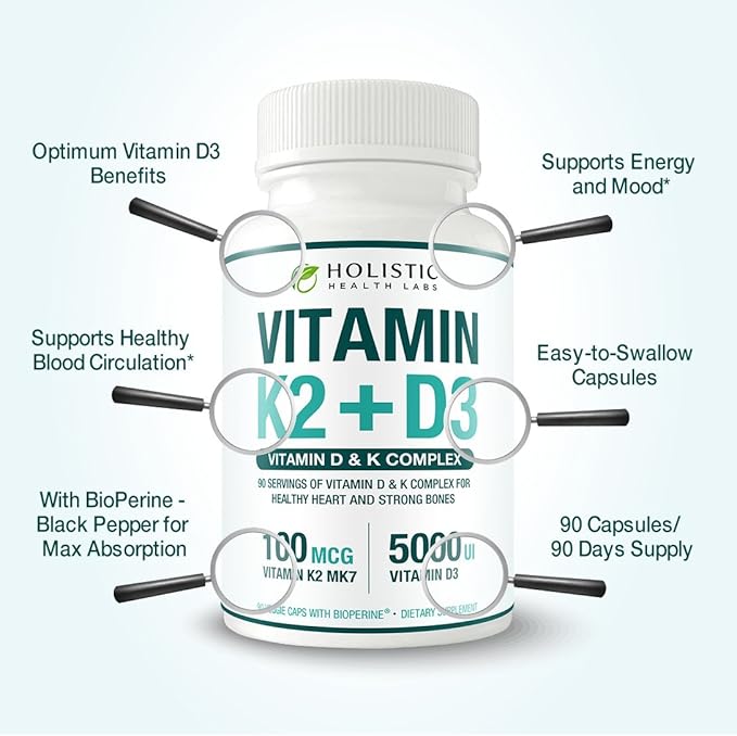 Max Absorption Vitamin K2 + D3 (5000IU) 90 Veggie Capsules from MK-7 (Menaquinone-7) and Cholecalciferol (with BioPerine) 3-Months Supply – D3 with K2 for Healthy Heart and Strong Bones | Non-GMO