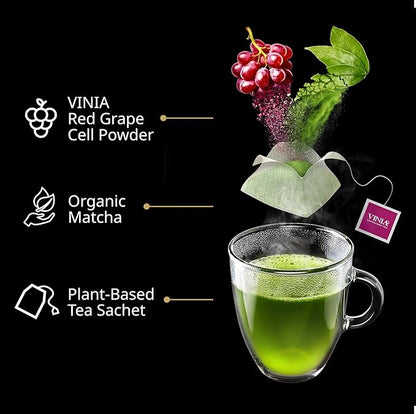 VINIA Premium Matcha + Green Tea Bags, Made with Organic Tea, Infused with Piceid Resveratrol for Heart Health, Nitric Oxide, Physical Energy, Alertness, Blood Flow, Keto, Kosher, NON-GMO. 30 Ct