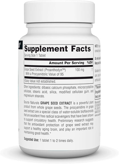 Source Naturals Grape Seed Extract, Proanthodyn 100 mg Antioxidant Protection & Supports Healthy Aging Brain - 120 Tablets