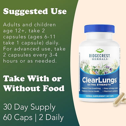 RidgeCrest Herbals ClearLungs Extra Strength, Natural Lung, Nasal Health Formula, Bronchial, Respiratory, Sinus, Mucus Support (60 Caps, 30 Serv)