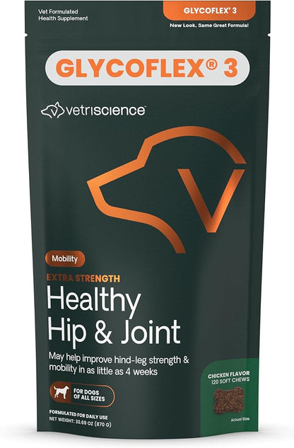 VetriScience Extra Strength Healthy Hip & Joint Chews, GlycoFlex Glucosamine and Green-Lipped Mussel Joint Support Supplement for Dogs, Promote Mobility and Soothe Joint Discomfort, Chicken, 120 Count