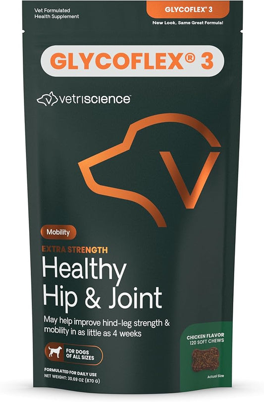 VetriScience Extra Strength Healthy Hip & Joint Chews, GlycoFlex Glucosamine and Green-Lipped Mussel Joint Support Supplement for Dogs, Promote Mobility and Soothe Joint Discomfort, Chicken, 120 Count