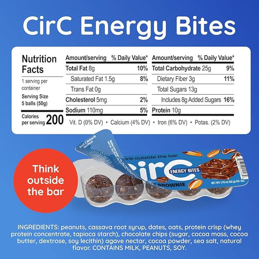 CirC Energy Bites - 12 Pack Chocolate Brownie Gluten Free Protein Balls - 10g Protein, Whole Grains, Nuts & Fruit - Portable Healthy Snacks for Adults & Kids, 5 Piece Resealable Packs