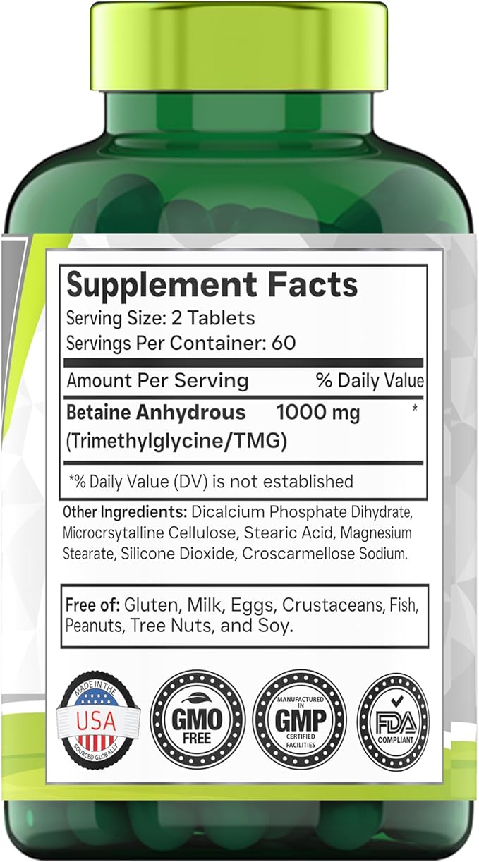 TMG Supplement 1000mg (Betaine Anhydrous) 120 Tablets | Better Than Betaine HCL* | Homocysteine Support* | Trimethylglycine | Non-GMO, Made in The USA!