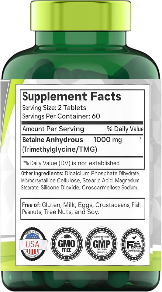 TMG Supplement 1000mg (Betaine Anhydrous) 120 Tablets | Better Than Betaine HCL* | Homocysteine Support* | Trimethylglycine | Non-GMO, Made in The USA!
