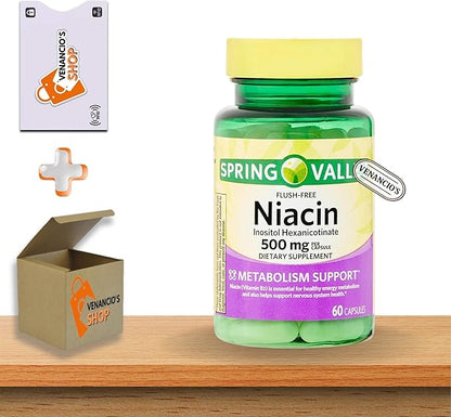 Vitamin B3 Niacin 500 mg Flush Free Capsules • Energy Metabolism Support • Nervous System Health • Dietary Supplement • 60 Pills by Spring Valley + Vena’s Sticker (Pack of 1)